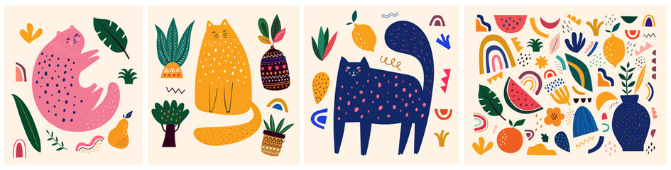 Cute spring pattern collection with cat. Decorative abstract horizontal banner with colorful doodles. Hand-drawn modern illustrations with cats, flowers, abstract elements - 328495280