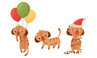 Cute Puppy with Bunch of Balloons Tied Round It and with Fairy Lights Hanging Around Vector Set