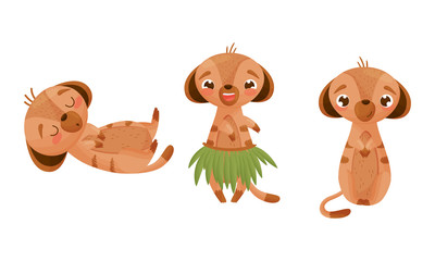 Cute Puppy Sleeping on Back, Sitting and Dancing in Palm Leaves Vector Set