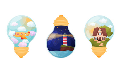 Landscapes and Scenes Inside Glass Bulb Vector Set