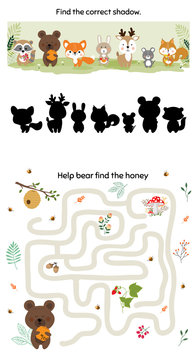Educational game for children with forest animals. Cartoon vector illustration.