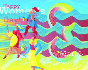 Modern abstract banner for International Women's Day March 8. Cute flat women characters. Smooth flowing forms form a composition with the number eight. 