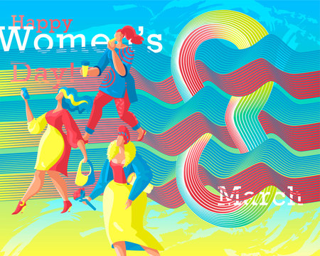 Modern abstract banner for International Women's Day March 8. Cute flat women characters. Smooth flowing forms form a composition with the number eight. 