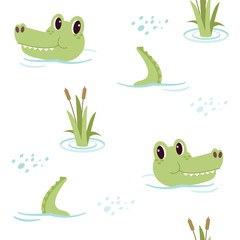 The seamless pattern of cute alligator swimming in the lake with bubble. The pattern of cute alligator and tail on the white background. The character of cute alligator in flat vector style.