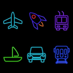 set of neon transport icon, car, metro train, airplane, rocket, yacht, trolleybus