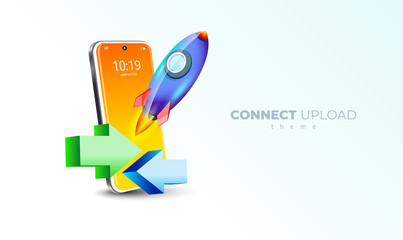 Transfer theme. Mobile display smartphone and Rocket takeoff white background illustration