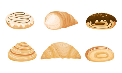 Sweet Pastry and Flour Products Like Cream-filled Bread Roll and Croissant Vector Set