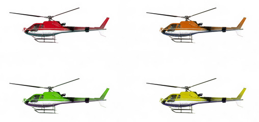 Helicopters in different colors on white background
