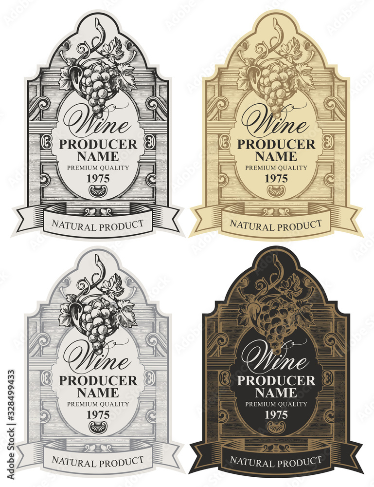 Poster vector set of elegant wine labels with a bunch of grapes and inscriptions in a figured frame with a 