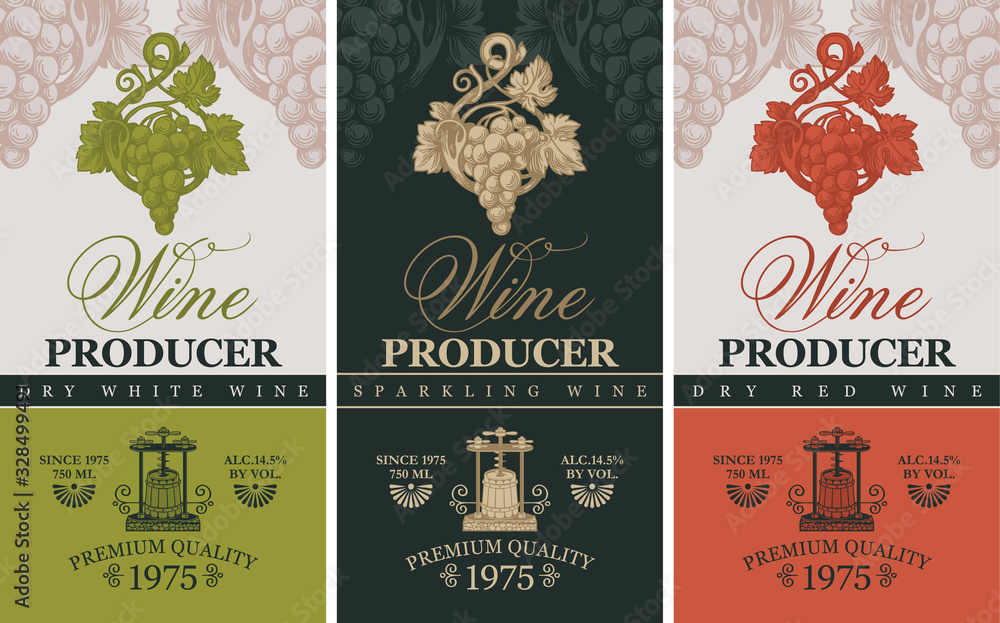 Poster vector set of three labels for wine with hand-drawn bunches of grape, wine press and calligraphic in