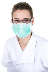 Young woman doctor wearing a hygiene mask face to avoid covid-19 coronavirus epidemic