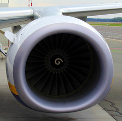 Close-up view of airplane turbine engine