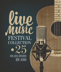 Vector poster for a live music festival or concert with a guitar, microphone and place for text in retro style. Suitable for flyer, playbill, banner, invitation, advertisement © paseven