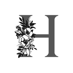 Vector flower alphabet. Design of letter H. Decoration of wedding invitations, cards, business cards of florists. Large delicate flowers in a ink style