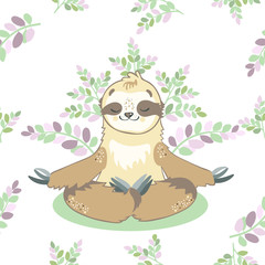 Vector seamless pattern sloth bear. Cute sloth in yoga lotus position. Pattern for printing on textiles, paper, wallpaper, packaging.