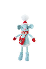 Mouse blue knitted with a red hat, mittens and a bag stands in boots on a white background, isolate