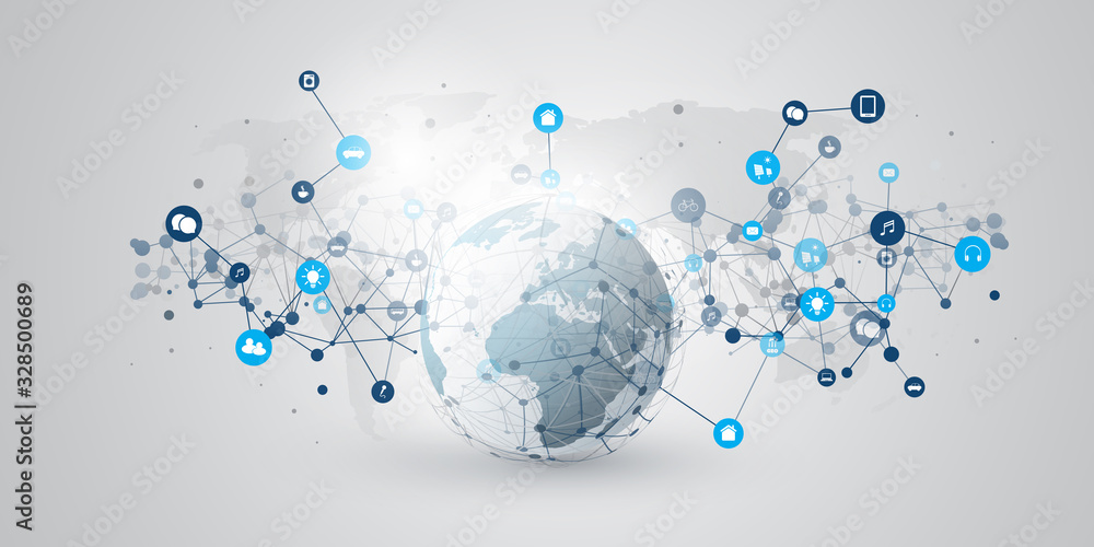 Poster internet of things, cloud computing design concept with earth globe and icons - global digital netwo