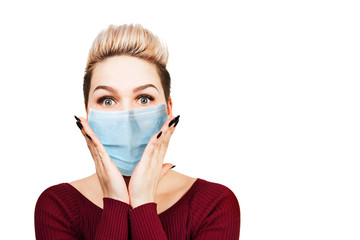 young woman amazed wearing protective face mask prevent virus infection, pollution, white isolated background.