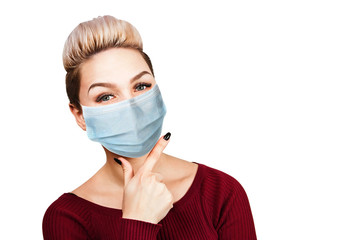 young woman thinking wearing protective face mask prevent virus infection, pollution, white isolated background