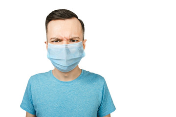 Unhappy, sad person, wearing a protective face mask prevent virus infection or pollution on white isolated background