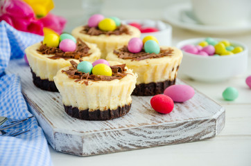 Easter mini brownie cheesecake Bird's Nest with chocolate and candy eggs. Easter dessert. Funny food idea for children. Horizontal orientation. Selective focus. Close up