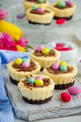 Obraz na płótnie Canvas Easter mini brownie cheesecake Bird's Nest with chocolate and candy eggs. Easter dessert. Funny food idea for children. Vertical orientation. Selective focus
