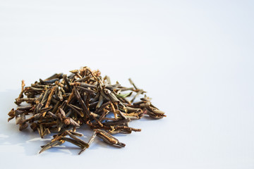 Dry leaves of medicinal herbs for brewing tea. Dried Rhododendron Adamsia Sagan Dale, Sagaan Dali, on a white background. Selective focus. Space for text.