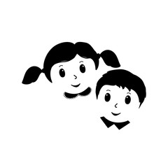 Happy boy and girl, black silhouette isolated on white background. Vector illustration.