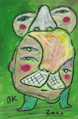 Drawing of surreal man on book page. Cover acrylic