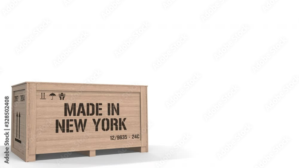 Poster crate with made in new york text isolated on light background. industrial production related 3d anim