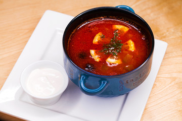 restaurant dish - soup solyanka in plate