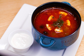 restaurant dish - soup solyanka in plate