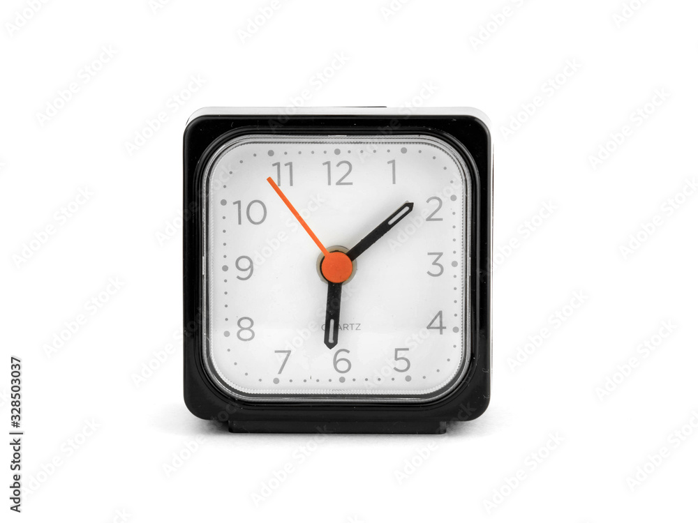 Wall mural a black square clock with a red arrow facing the camera on a white background