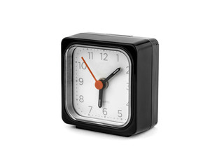black square clock with red arrow on a white background