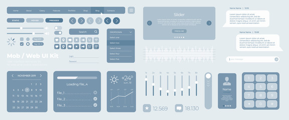 Ultimate web UI UX elements collection flat kit for mobile applications and web: icons and forms, button and check box. Universal user interface template with responsive design on grey background