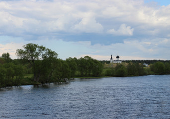Church on the banks of the Volga, Tver region, summer landscape