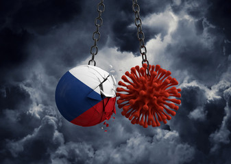 Obraz premium Virus microbe smashing into Czech Republic flag ball. 3D Render