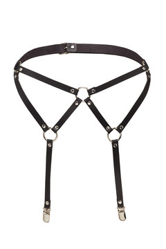 Subject shot of a black leather garter belt made of straps with rivets, steel rings, a buckle and garter clips. The simple waistband is isolated on the white background.  