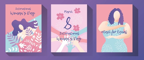 set of vertical posters with simple, flat, colorful illustrations of woman, flora and words for celebrating the international woman's day.