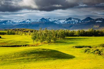 Splendid Iceland landscape with golf course in sunny day. Location place Borgarnes, western Iceland, Europe.