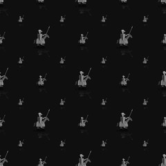 Seamless pattern without a mask. Gray cartoon knights on a horse of different sizes with shadows on a black background