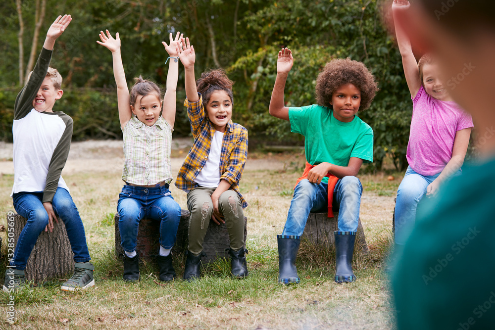 Wall mural children on outdoor activity camping trip sit around camp fire with arms raised answering question