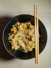 A bowl of takikomi gohan, Japanese mixed rice.