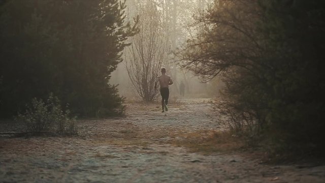 Running sport man. Fit muscular young male runner with naked torso sprinting beetwen trees against sunset.