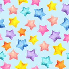 Childish seamless pattern with cute little stars. Watercolor illustration for design of fabric, packaging, wallpaper and other.