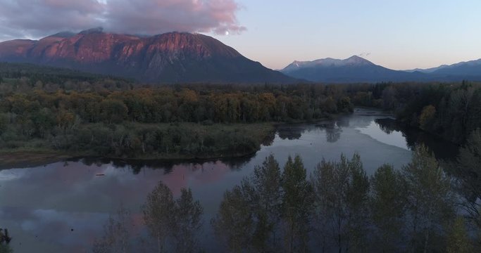 Sunset aerial view of Mt Si during the fall in North Bend WA. Filmed in 4K 30fps