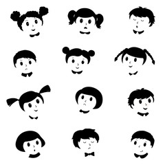 Fototapeta premium Set happy boy and girl, black silhouette isolated on white background. Vector illustration.