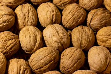Walnuts with shells. Background of fresh walnuts.