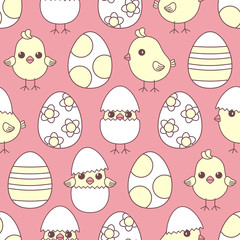 Cute Easter babies chickens and Easter eggs seamless pattern
