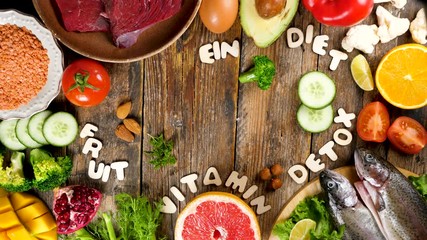 balanced diet food text- fruit and vegetable, health food concept